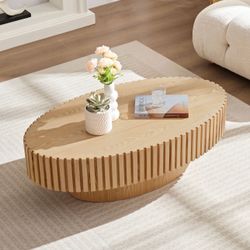 Oval Coffee Table Minimalist Fluted Center Table Accent Table, Natural Ash-ModernLuxe