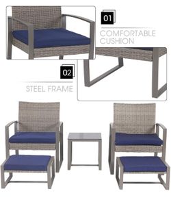 5-Piece Wicker Outdoor Set Patio PE Rattan, Upholstered Chairs Balcony Porch with Footstool and Glass Coffee Side Table, Blue