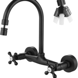 Airuida Wall Mount Kitchen Faucet with Sprayer Wall Mounted Kitchen Sink Faucet Double Cross Handles 360 Degree Swivel Spout Restaurant Mixer Tap Comm