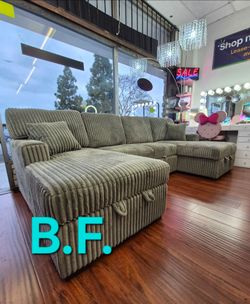 🪙 Sectional Sofa with Double Chaise, Smoke Gray Color,  Corduroy Fabric, New in the Box.