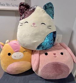 Large Squishmallows Plush – Bunny, Cow & Sequin Cat – $15 Each