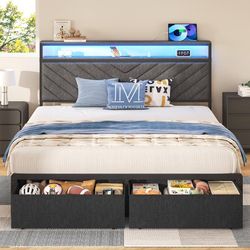Queen Bed Frame with Charging Station, LED Lights & 2 Storage Drawers, Grey Platform Bed with Upholstered Headboard, Under-Bed Storage, No Box Spring 