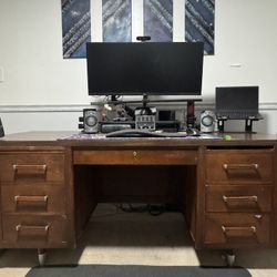 TWO Matching Desks! + Credenza! Solid Wood. HEAVY.