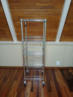 TRINITY NSF Chrome Rolling Wire Shelving Unit with Baskets & Side Hooks - 57" H x 18" W
