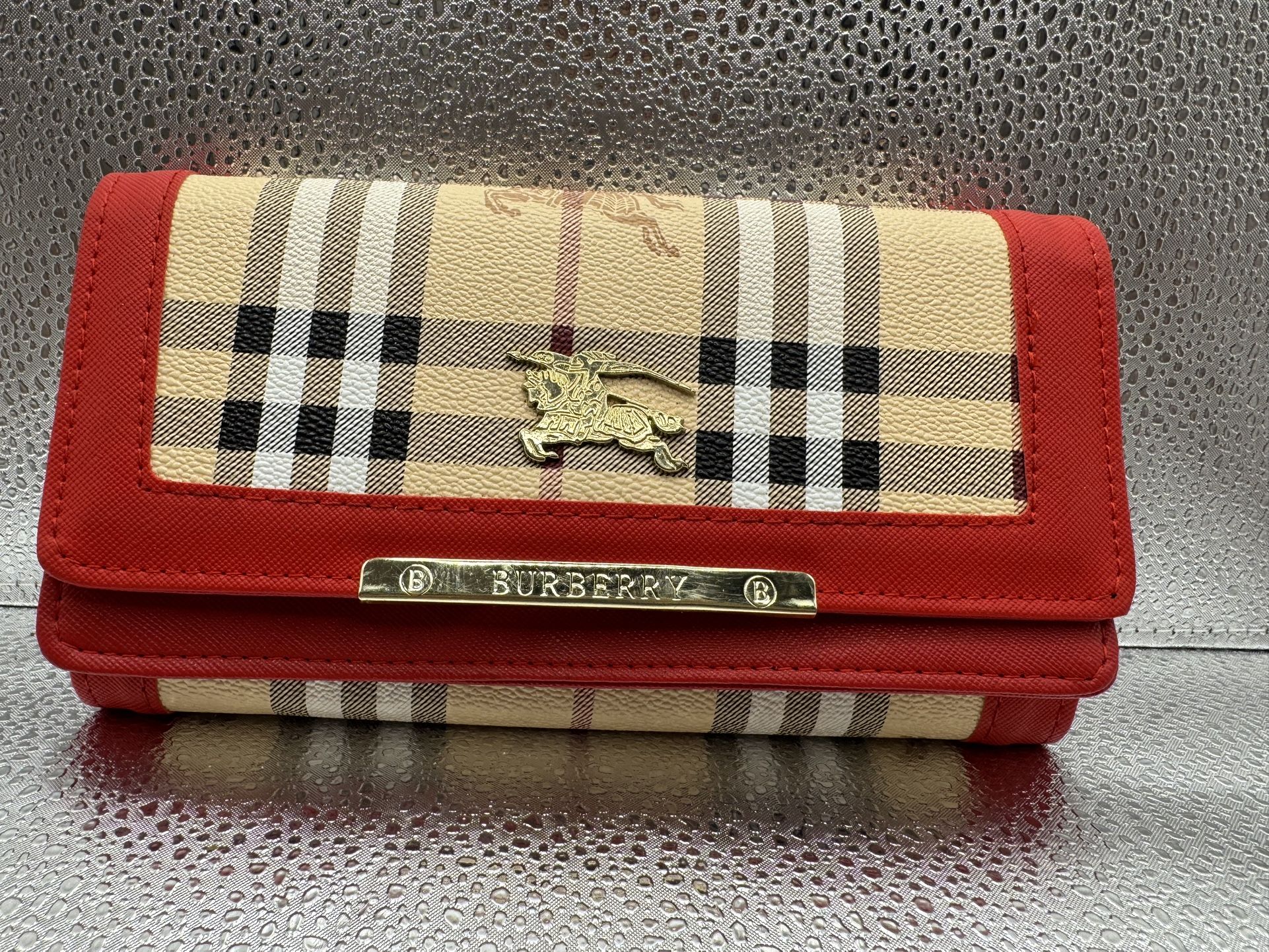 Authentic Burberry Red Leather Tri-Fold Wallet – Gold Hardware – Classic & Elegant