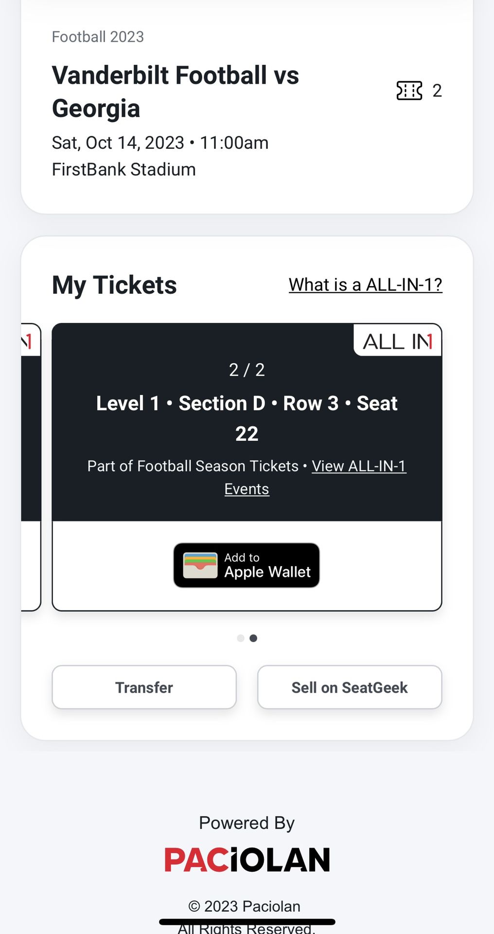 Two Vanderbilt Vs Georgia Tickets