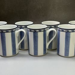 Set of (8) Dansk Bistro Cafe Parisian Blue Coffee Mugs / Tea Cups 10 Oz Striped Pattern. Made in Portugal. Mint condition.
