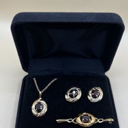 Vtg Signed JJI Genuine Garnett Golden Tone Jewelry Set 3.8 Carat Total
