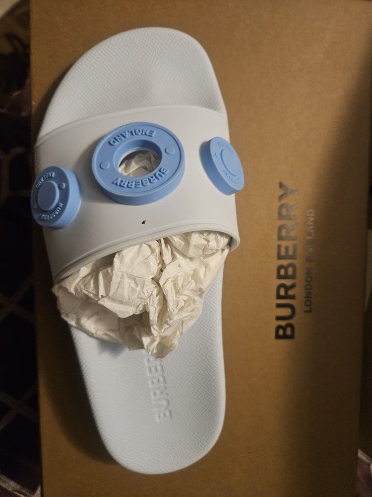 Brand New Burberry White And Baby Blue Slides