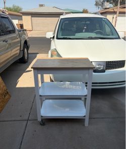 White Wood Kitchen Cart with Butcher Block Top