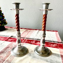 SOLID SILVER AND WOOD PILLAR CANDLE HOLDERS