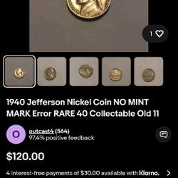 1940 Jefferson Nickel Coin NO MINT MARK Error RARE 