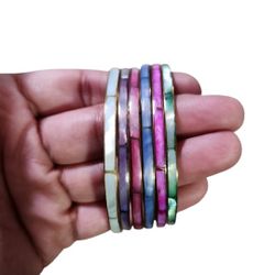 Vintage Gold Toned Lot of 6 Mother of Pearl Inlay Multicolored Bracelets