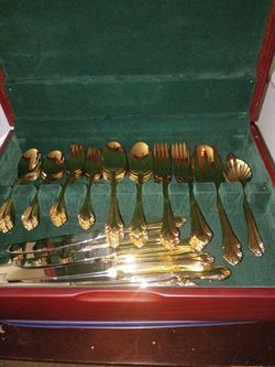 Gold-Tone Flatware Set in Wooden Case