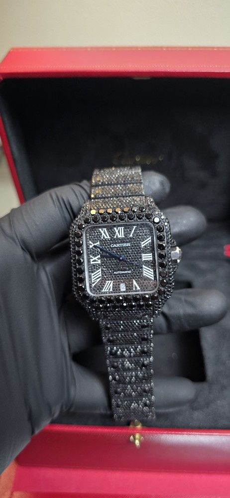 Cartier Santos Iced Out Full Black Spinel Large Size Roman Dial Watch