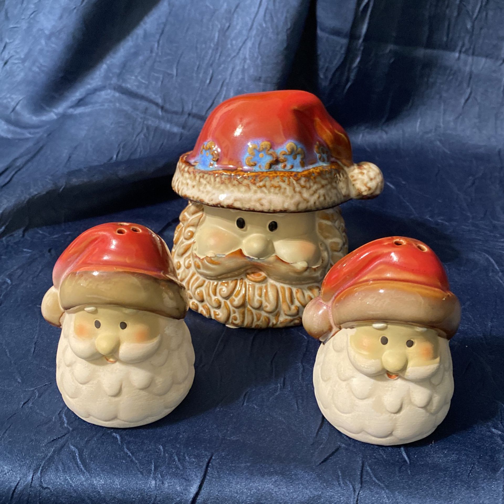 (3) Pieces Santa Clause Salt & Pepper Shakers and Santa Head Votive Candle Holder.