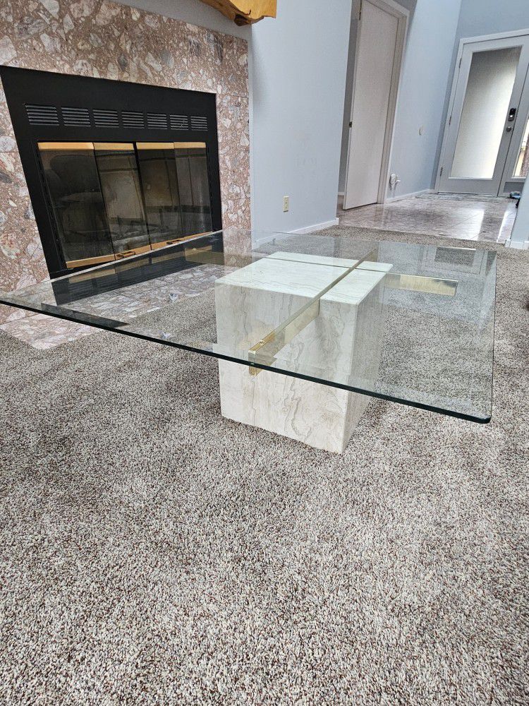 Ardeti Style Floating Glass and Travertine Coffee Table
