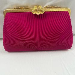 Fuschia Satin Clutch Purse With Swarovski Rhinestones