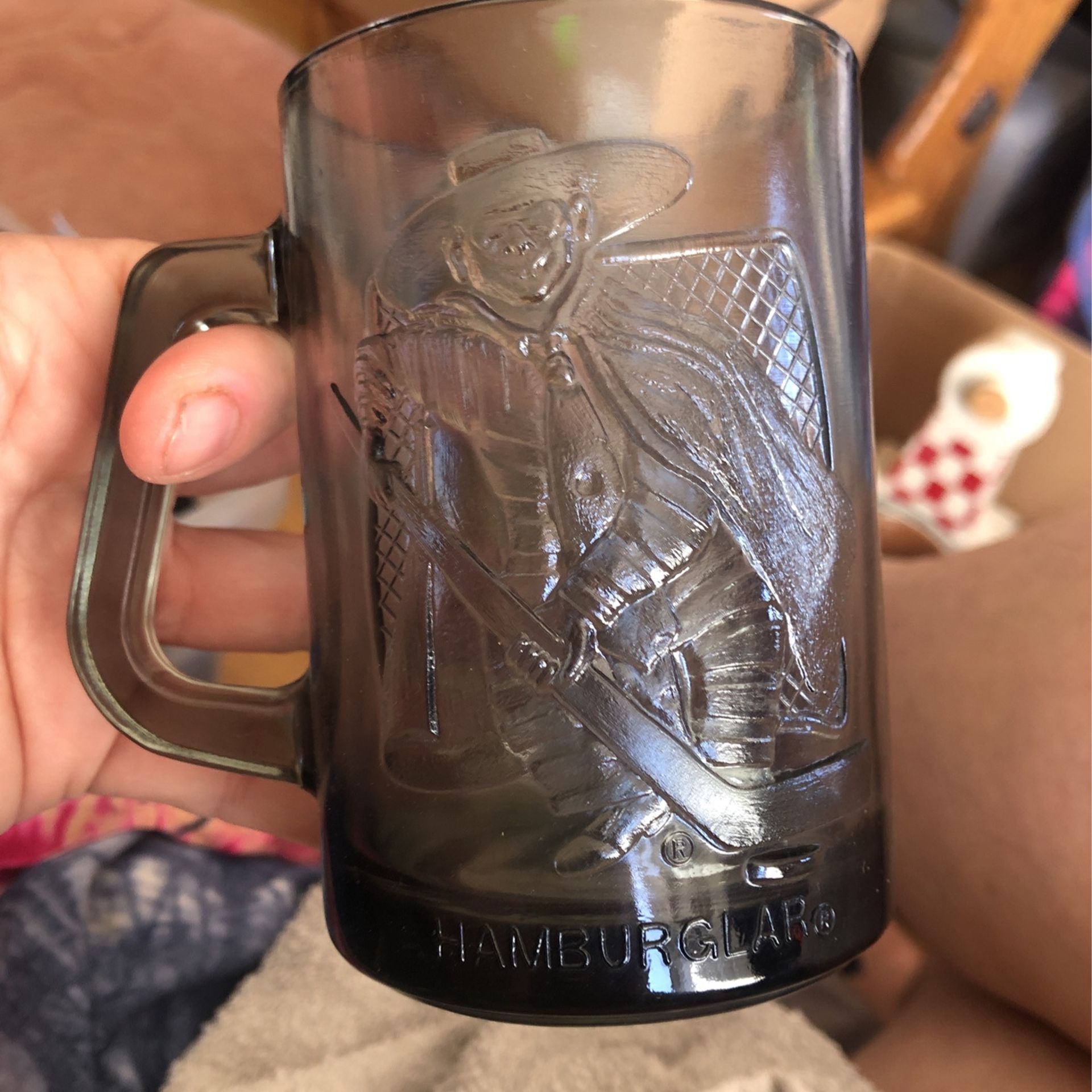 Smoky Gray Glass Mug Hamburglar Playing Hockey From McDonald’s