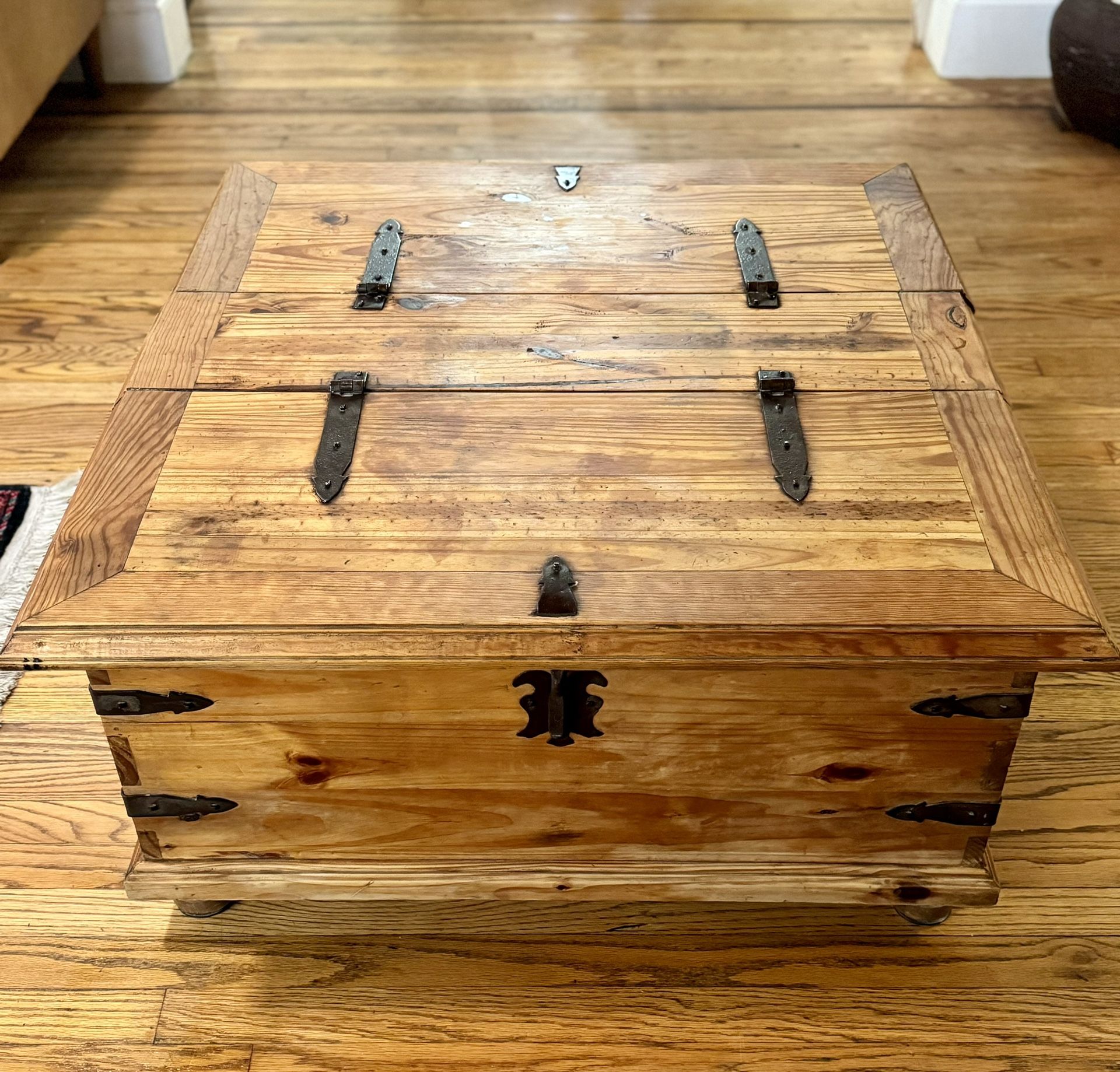 Rustic Mexican Pine Wood Storage Trunk / Table (35” x 35” x 17”) for