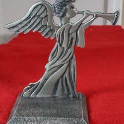 Vintage Pewter Angel Blowing Horn Christmas Stocking Holder 5" 