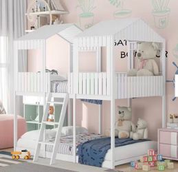 White Full Over Full Wooden Bunk Bed with Roof, Window, Safety Guardrail, and Ladder