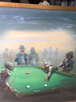 Large 36x36 Original Oil Painting "The Pool Game" by Rodolfo Tarallo (Latin American Art)