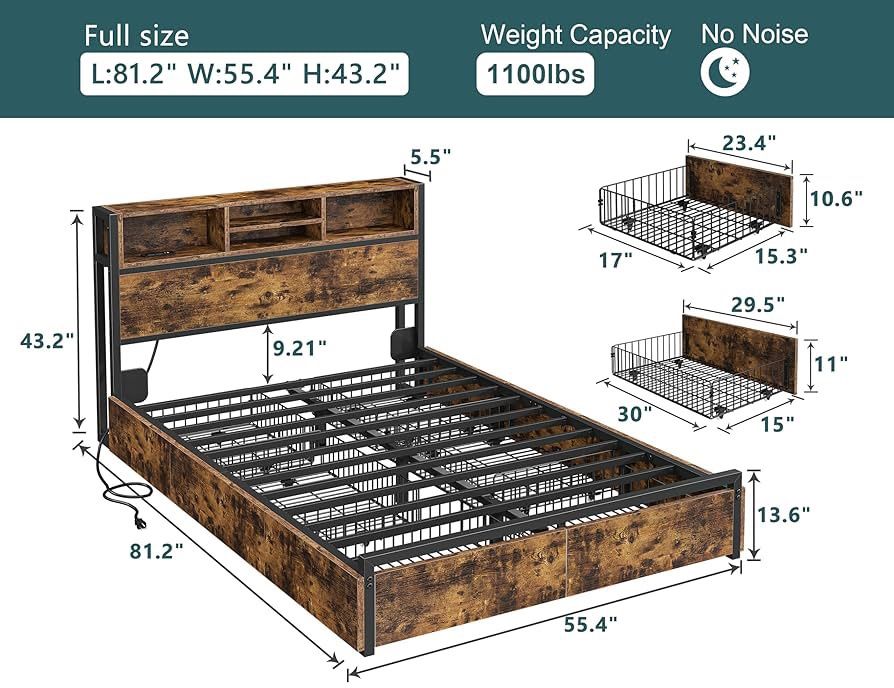 Full Size Bed Frame with 6 Storage Drawers Full Bed Frame with Headboard, with Charging Station, No Noise, No Box Springs Needed, Vintage B