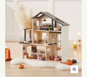 Modern Wooden Dollhouse with Furniture and Figures