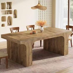 SL0051 71-Inch Large Dining Table for 6-8, Farmhouse Wooden Kitchen Table with Arched Design, Rectangular Dining Furniture with Double Pedestal for Di