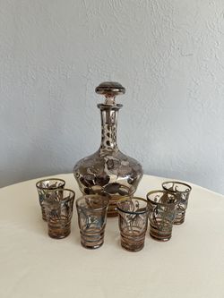 Vintage 1930s Italian Floral Decanter and Shot Glasses with Silver Overlay