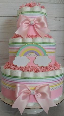 Pink rainbow diaper cake great for baby showers