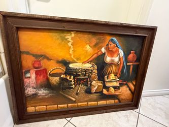 Large Signed Framed Cooking Scene Painting – 42” x 29”