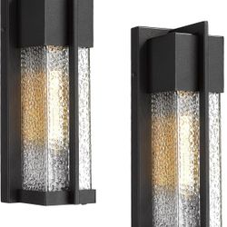 Outdoor Wall Light, Exterior Wall Mount Lantern, Porch Light in Textured Black Finish with Water Ripple Glass 2418-1W-2PK