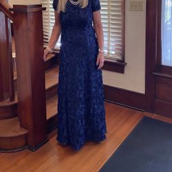 Blue Floor Length Floral Gown