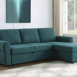 Beautiful Teal Sleeper Sectional Sofa With Storage Chaise! 