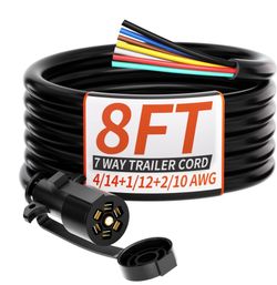PlugSaf 8FT 7 Way Trailer Plug Heavy Duty 8 FT 4/14+1/12+2/10 AWG 7 Pin Trailer Wiring Harness Cord For Trailers, Campers, Food Trucks, Dining Trucks,