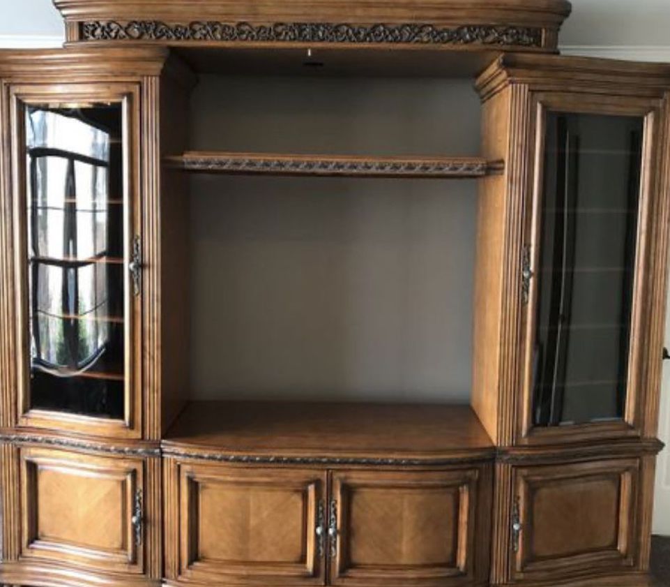 Haverty’s Solid Wood Entertainment TV Center w/ Glass Curio Cabinets & Shelf - Bought for $1,785!