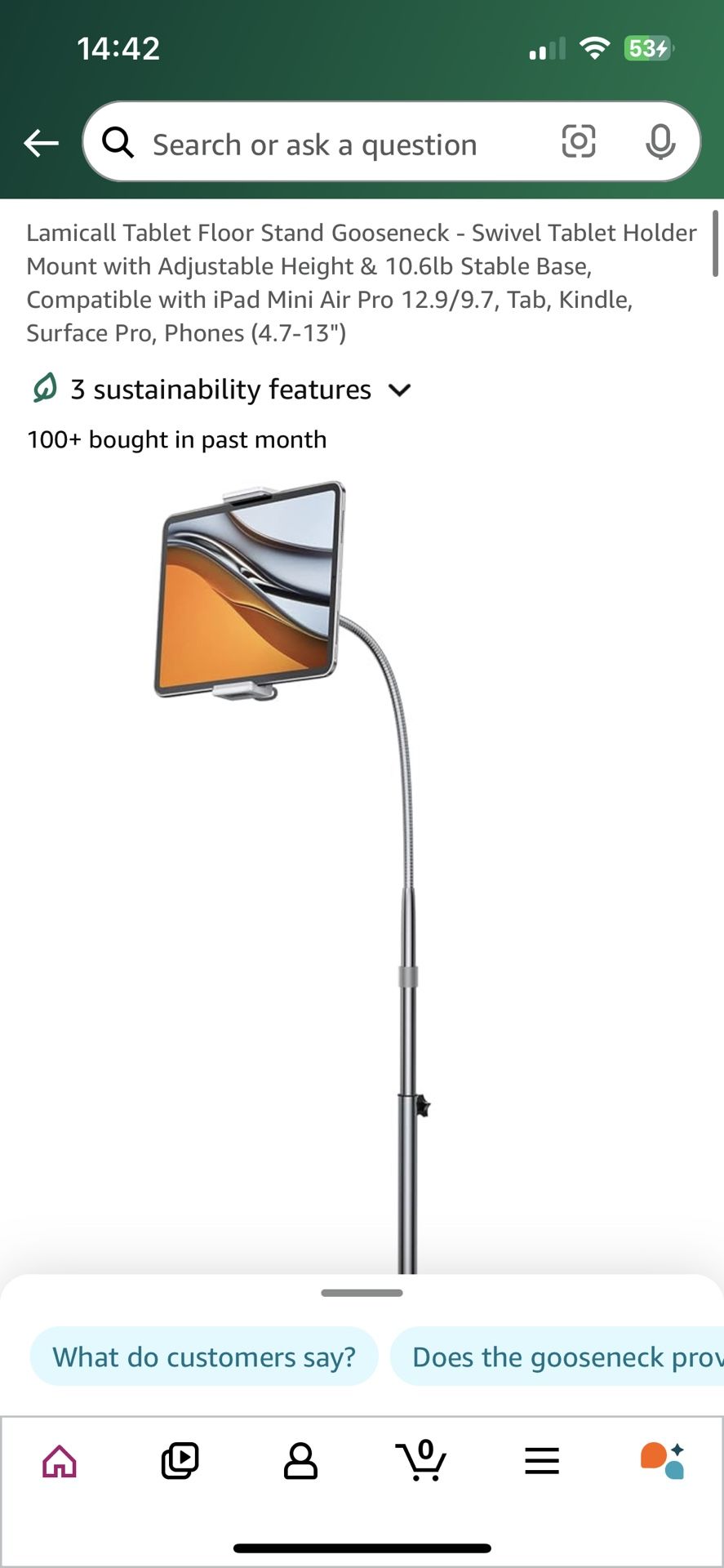 Lamicall Tablet Floor Stand Gooseneck - Swivel Tablet Holder Mount with Adjustable Height & 10.6lb Stable Base