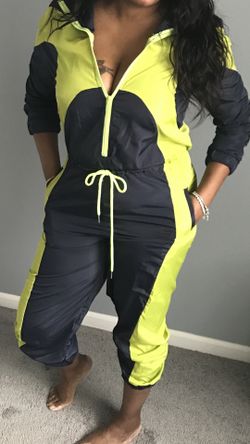 One piece and two piece blue and lime green jogger suit