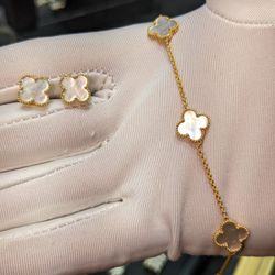 Mother Of Pearl Clover Bracelet and Earring set combo With 14K Gold
