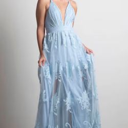 Size Large Cute Leg Slit Blue Dress Bridesmaids Wedding Formal Prom Homecoming Banquet Pictures Gown Lace Tulle 