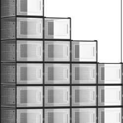 Shoe Boxes, Pack of 18 Shoe Storage Organizers, Stackable Clear Plastic Boxes for Closet, Sneakers, 13.7 x 9.9 x 7.4 Inches, Transparent and Black ULS