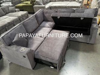 NEW Sectional with Pullout Sleeper Sofa Bed Couch Under Seat Storage Convertible Sofabed Ashley IKEA Style BIG Discount Furniture Warehouse Clearance 