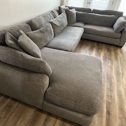 Potato Barn Custom Oversized Down Feather Chaise Sectional, Gray Basketweave Performance Fabric