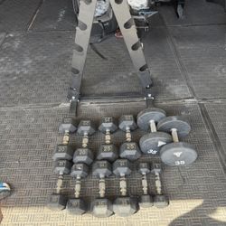 Dumbbells rubber weights 5-35lbs plus rack 220lbs total