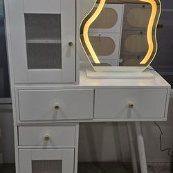 New Wavy mirror vanity Nail Table Study Desk with lights, shelves,  drawers