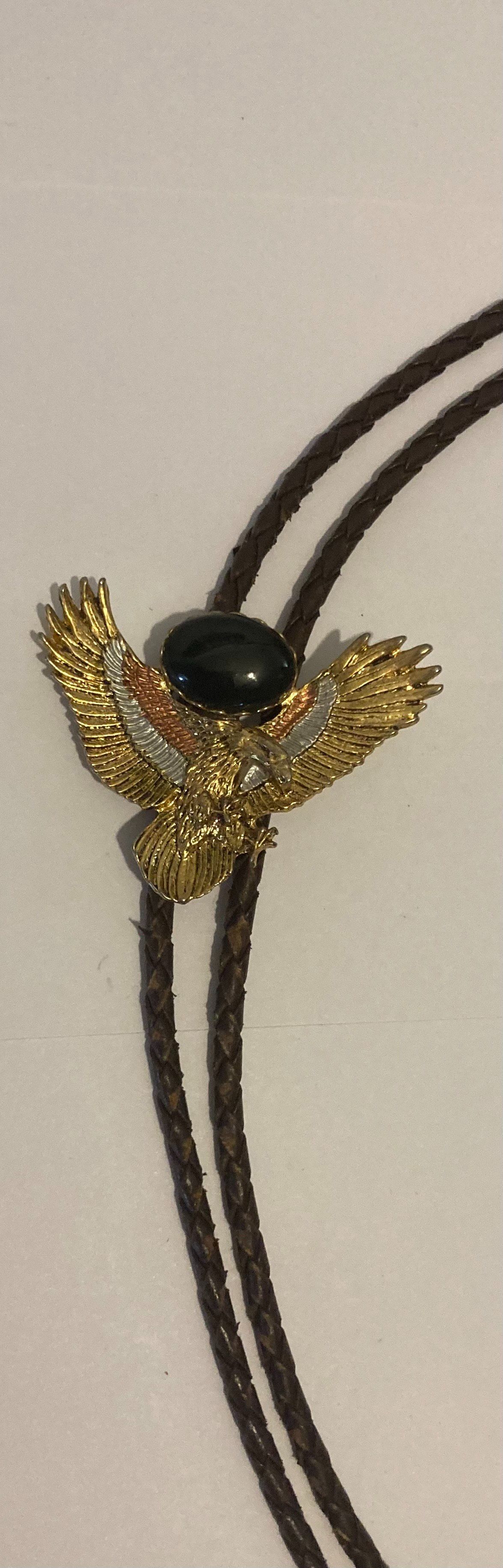 Vintage Metal Bolo Tie, Brass, Silver and Copper, American Bald Eagle, Nice Black Onyx Stone Design, Nice Design, Quality, Heavy Duty, 2 1/4" x 1 3/4"