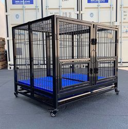 (New in box) $190 Folding Heavy Duty Dog Cage 41x31x34” Double-Door Stackable Kennel w/ Divider, Plastic Tray