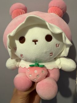 🍓 Kawaii Pink Bunny Bear Plush Holding Strawberry — Soft Stuffed Animal